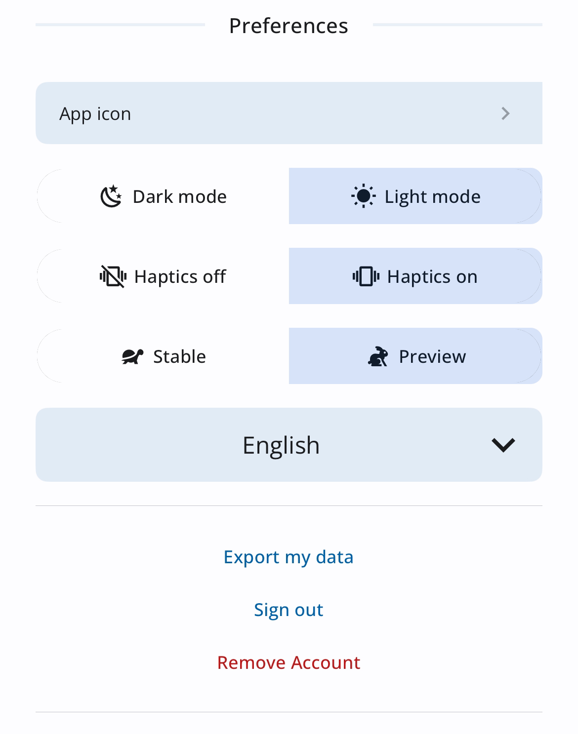 Character.AI mobile app settings with Export my data option
