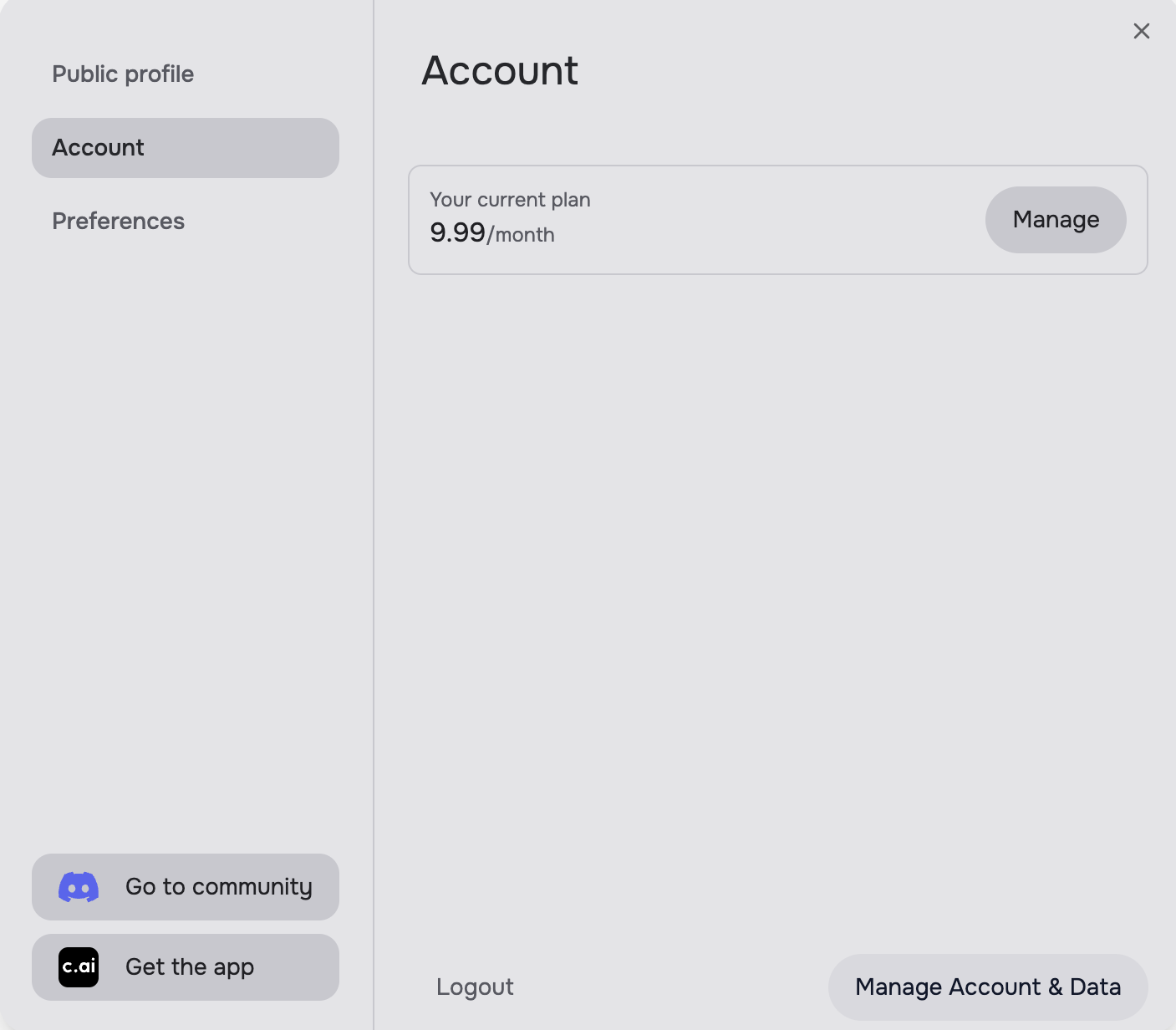 Character.AI web Profile Settings showing Account and Manage Account & Data